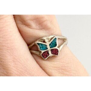 Crushed Turquoise & Coral Butterffly 925 Vintage Mexican Inspired Ring - sz 4.25